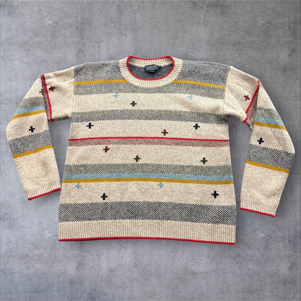 Pendleton Crewneck Sweater Mens Small Oatmeal Striped Lambswool Cross Sweater